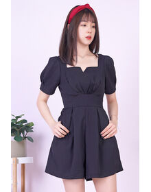 Fine Square Neck V Cut Puff Sleeve Pleated Playsuit (Black)